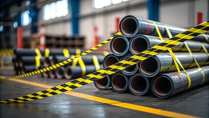 Fototapeta premium Tariff Wall Industrial Goods Shipment, Piled metal pipes secured with caution tape in an industrial setting.