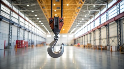 Tariff Wall Industrial Goods Shipment, Industrial warehouse interior featuring a large crane hook hanging from the ceiling.