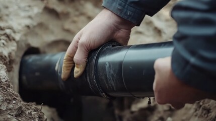Drainage system installer connecting underground PVC pipes. Featuring precision and functionality
