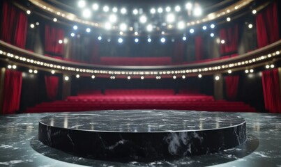 Empty stage, theater, spotlights, red seats, marble podium, performance