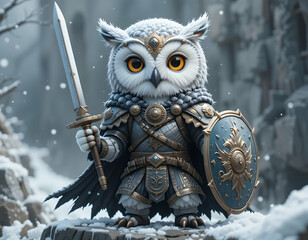Owl Knight Standing Guard in Snowy Winter Landscape