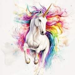 Naklejka premium A magical full-body unicorn riding in an elegant watercolor art style