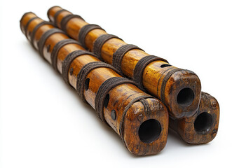 High-quality image of three wooden kazoos with intricate details isolated on a white background