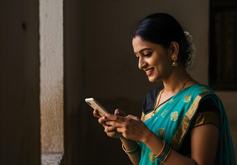 beautiful indian lady in ethnic attire checking mobile phone while smiling and standing near house entrance