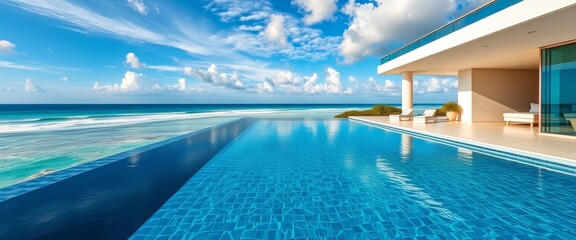 Infinity pool seamlessly merging with ocean horizon at modern beachfront home, residential, tranquil