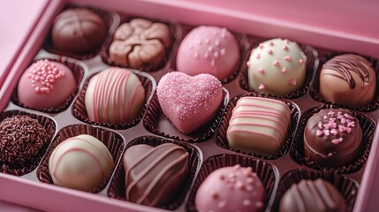 Obraz premium chocolate shapes in a pink box for valentine's day with love theme. 