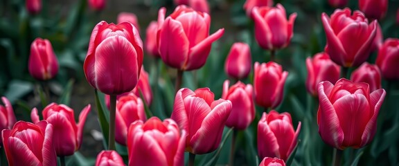 Obraz premium Intense pink parrot tulips in full bloom, close-up, moody spring garden Netherlands, tulip garden, Netherlands