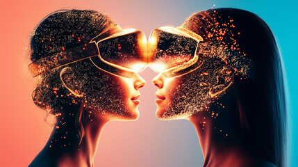 Women in virtual reality headsets interacting closely, showcasing glowing particles and dynamic colors. Futuristic setting with soft lighting enhances technology's appeal