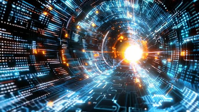 Futuristic Digital Data Tunnel with Glowing Lights and Binary Code Pattern Generative AI
