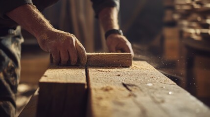 Carpenter sanding wooden beams for a rustic finish. Featuring skill and craftsmanship