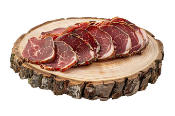 Sliced cured meat displayed artistically on a wooden cutting board with rustic charm isolated on transparent background