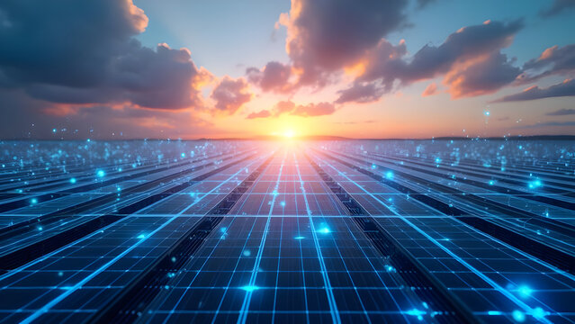 Smart Solar Farm: Networked Renewable Energy at Sunset. Digital grid connecting photovoltaic panels for efficient clean power generation. Sustainable tech.
