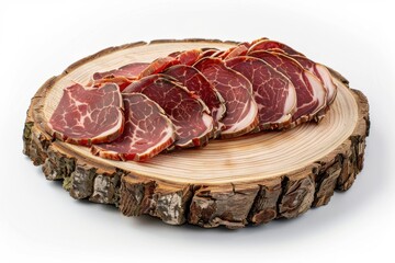 Sliced cured meat displayed artistically on a wooden cutting board with rustic charm isolated on transparent background
