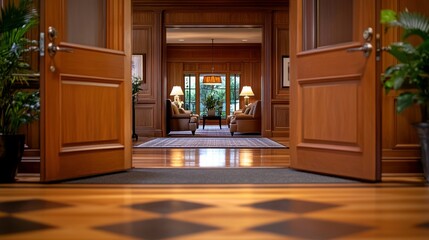 Fototapeta premium Luxurious entryway with hardwood floors, open double doors revealing a sitting area and garden view