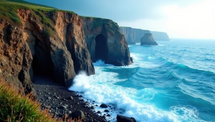 Obraz premium Rugged cliffs, dramatic waves crash against rocks , crashing waves, coastal landscape