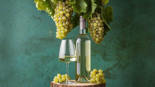White wine bottle and glass verticaly arranged with fresh grapes on a textured teal background