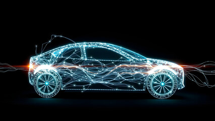 Naklejka premium background technology Car silhouette formed by connected qubits with electric charge streams, EV technology marketing style