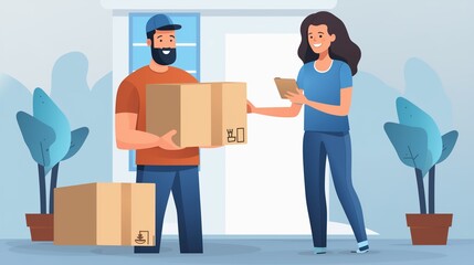 Happy customer receiving packages  on delivery service
