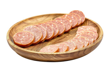 Slices of savory meat arranged artfully on a rustic wooden platter for a gourmet presentation isolated on transparent background