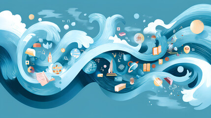 Obraz premium Peaceful ink illustration of flowing waves carrying symbols of art education and communication representing soft global reach and cultural influence 