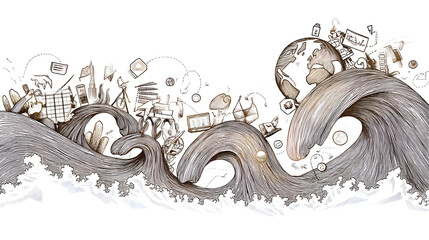 Peaceful ink illustration of flowing waves carrying symbols of art education and communication representing soft global reach and cultural influence
