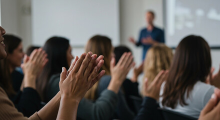 Hands clapping in gesture of appreciation and celebration. Support and recognition. Speaker, presenter speaks at lecture, presentation, training for group of people. Hands in selective focus