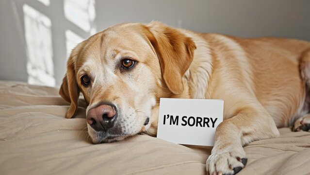 A dog laying on a bed with a card that says "I'm sorry" on it. The dog appears to be sad or remorseful, and the card suggests that it may have done something wrong or hurt someone