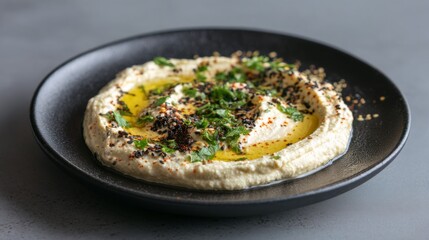Modern Saudi Fusion Hummus with Herbs and Spices in Black Bowl


