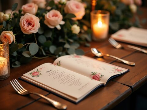 Men&uacute; de boda en mesa de madera vintage con velas y arreglo floral con cuberter&iacute;a fina