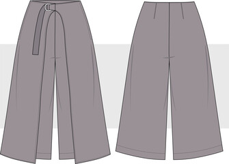 Women wrap capri pants with belt detail  fashion flat technical drawing illustration, vector.  Wide leg, relaxed fit, oversize pants, front and back view, CAD mockup set.