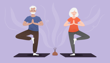 A senior couple practicing yoga together, demonstrating tree pose in relaxing atmosphere.