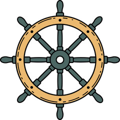 Obraz premium Classic wooden ship steering wheel with eight handles in minimal flat design vector illustration
