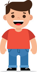 Happy smiling boy with brown hair in red shirt blue pants standing still flat design vector illustration