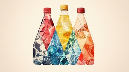 Colorful plastic bottles arranged to form a stylized "M" showcasing recycled materials.