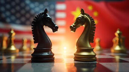 USA vs China Chess: Geopolitical Strategy & Competition. Chess pieces facing off against American and Chinese flags. Symbol of international relations.