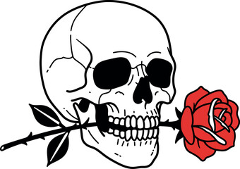 Obraz premium Human skull holding red rose in mouth minimal flat design black and white vector illustration