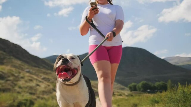 A girl in sportswear walks down the road, eyes on her phone. Her pit bull pulls ahead, panting with its mouth wide open. Green hills rise around sunlit mountains as the blazing heat presses down.