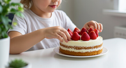 Child's hands decorating cake with strawberries, wearing white t-shirt, close up against bright white kitchen interior with green plant
