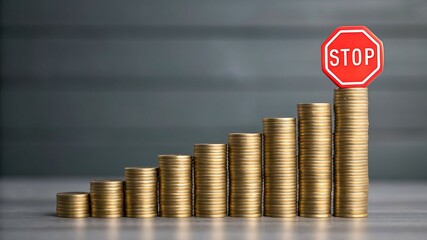 International Commerce Tax Impact Concept, Visual representation of coins in ascending order with a stop sign, symbolizing financial caution.