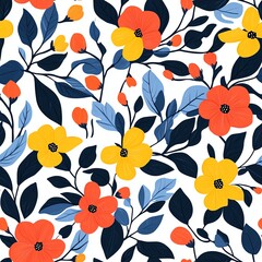 Floral Seamless Pattern with Yellow and Orange Flowers and Navy Blue Leaves on White Background in Decorative Style