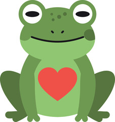 Cute green frog with red heart on belly sitting calmly flat design vector illustration