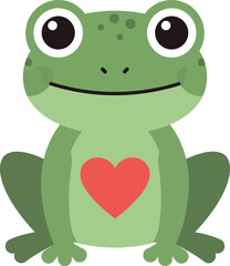 Obraz premium Cute green frog with big eyes and red heart on chest flat design vector illustration