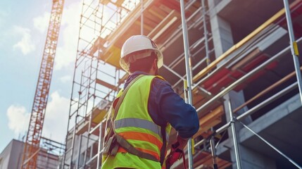 Construction worker adjusting scaffolding at a job site. Featuring safety and site preparation