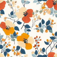 Seamless Floral Pattern Featuring Orange Yellow and Cream Flowers with Green and Blue Leaves on White Background for Wallpaper and Textile Design