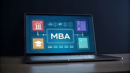 The path to advanced business education is represented through an illuminated MBA interface on a laptop screen.
