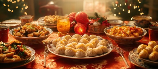 Fototapeta premium Christmas Eve Family Dinner with Asian Food
