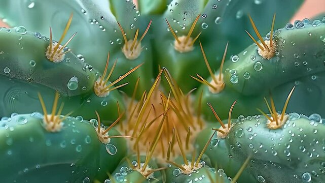 Delicate water droplets gathering on spiky cactus surface, revealing intricate patterns of hydration and natural resilience in extreme environment