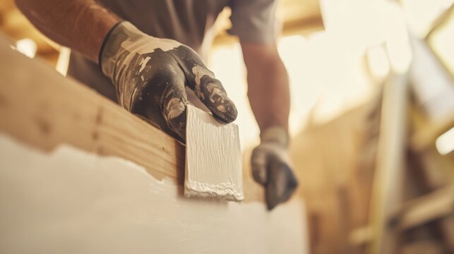 Construction worker applying a coat of primer to wooden surfaces before painting. Featuring surface preparation and painting