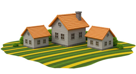 Isolated Miniature Houses on Striped Lawn