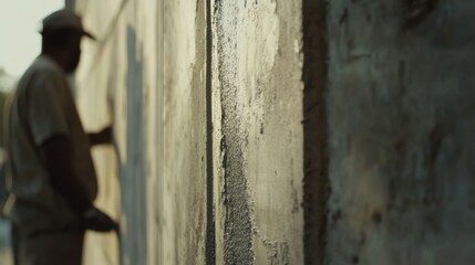 Construction worker applying cement on the exterior of a building. Featuring masonry and structural work